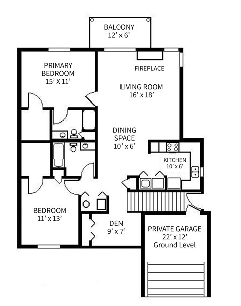 A black and white image of a house floor plan with a balcony, living room, dining space, kitchen, bedrooms, den, and a private garage.